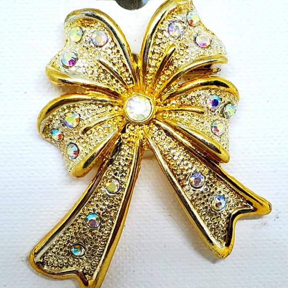 Vintage Holiday Rhinestone Bow Pin Brooch Gold & Silver Christmas Holiday - NOS - Picture 6 of 6